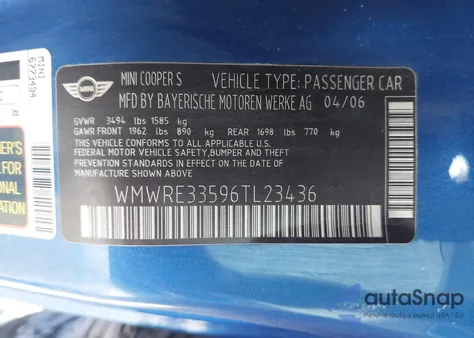 2006 Mini Cooper S z USA, uszkodzony, nr VIN WMWRE33596TL23436